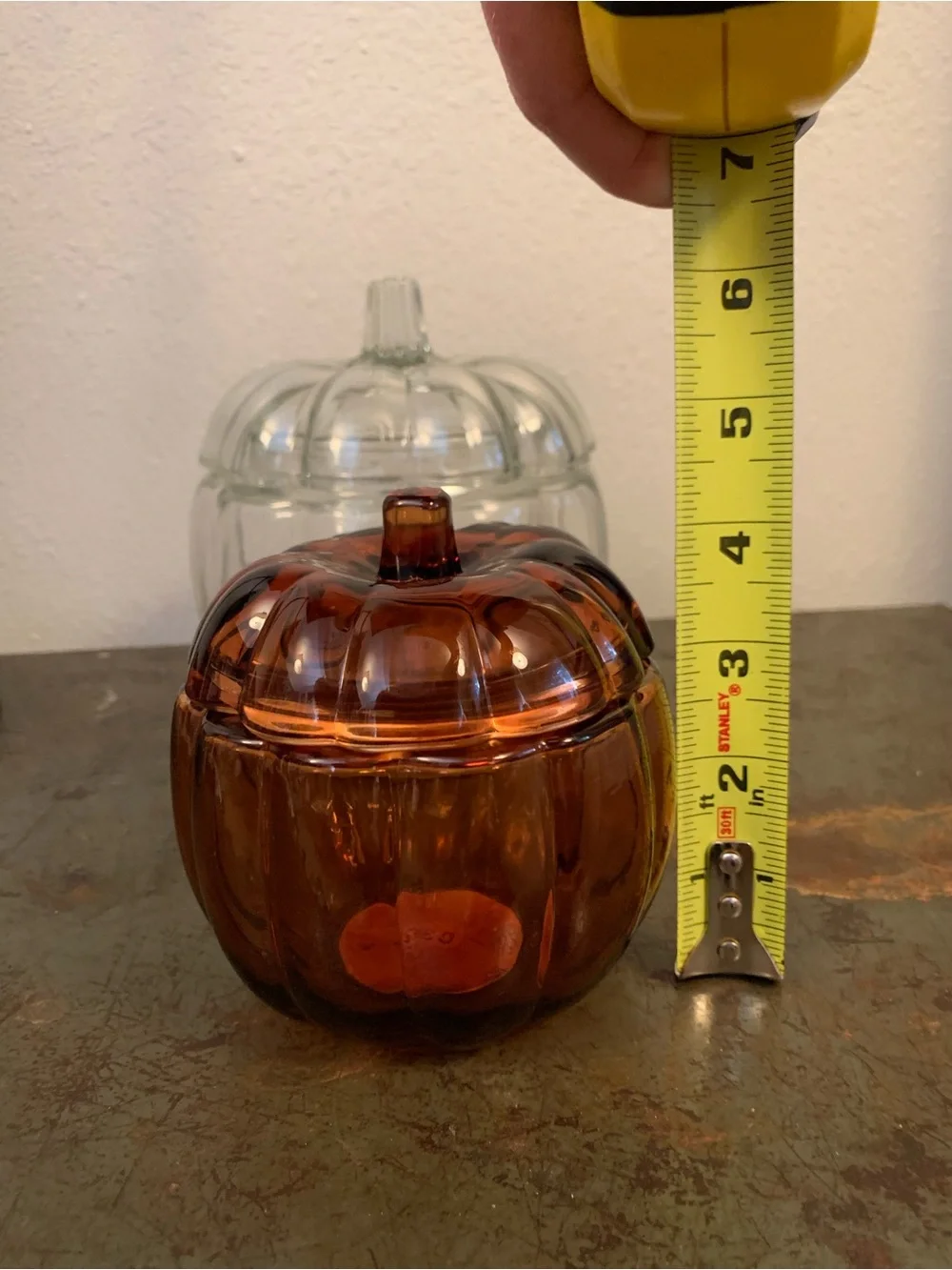 2 Glass Pumpkin Jars with Lids - Clear and Amber